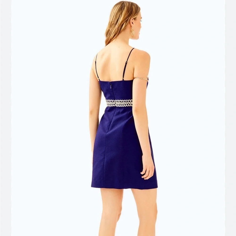 Lilly Pulitzer Golden Embroiled Trista Cotton Shift Halter Neck Dress Navy Blue